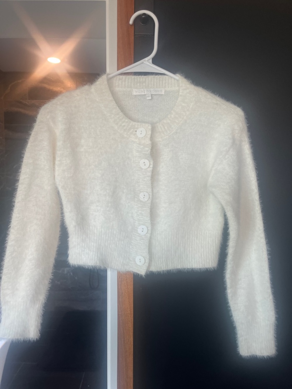Mango Cream Fuzzy Cropped Button-Up Cardigan